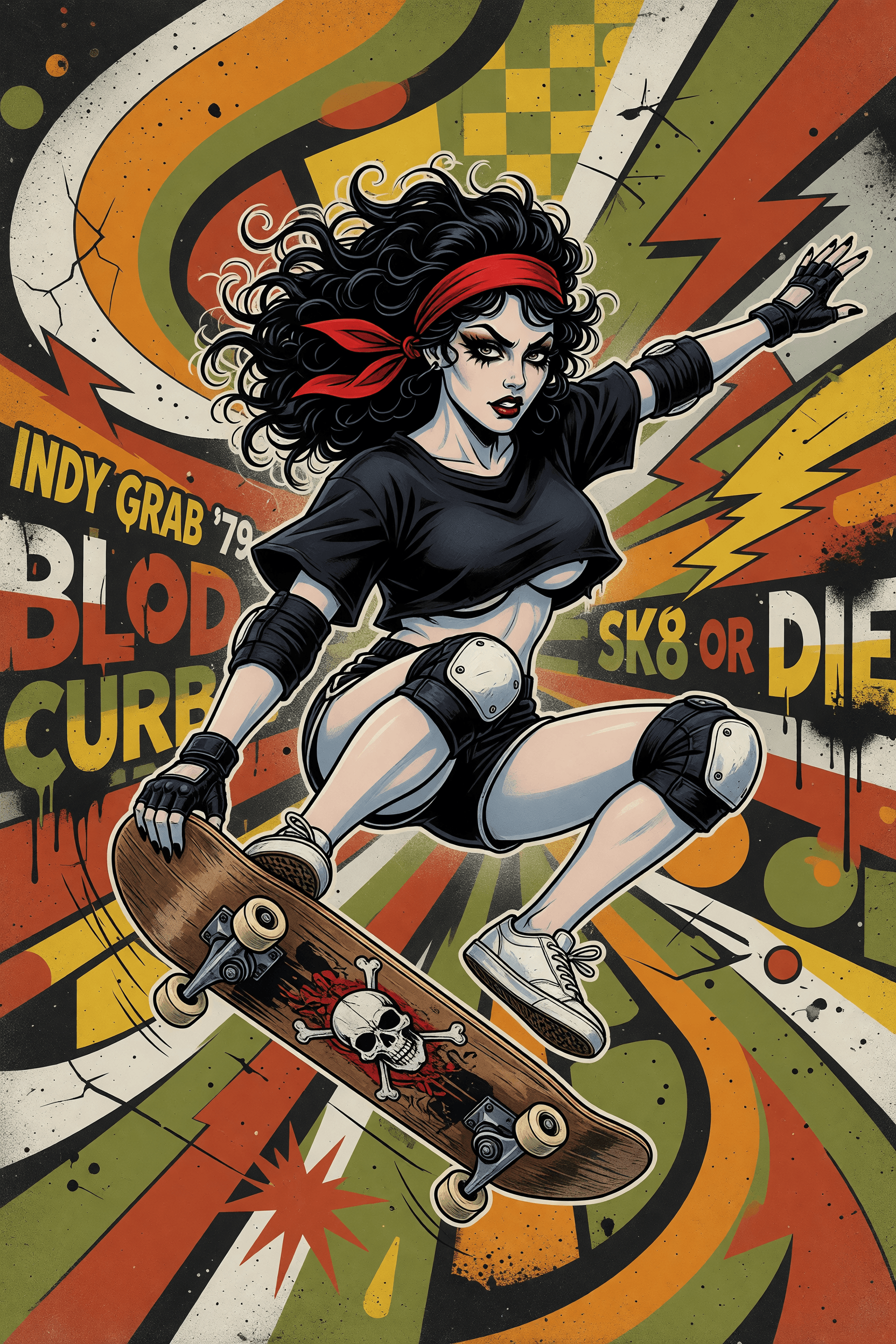 AI generated: Retro 1970s–80s skateboard poster illustration, high detail. A voluptuous goth woman, pale skin, ful...