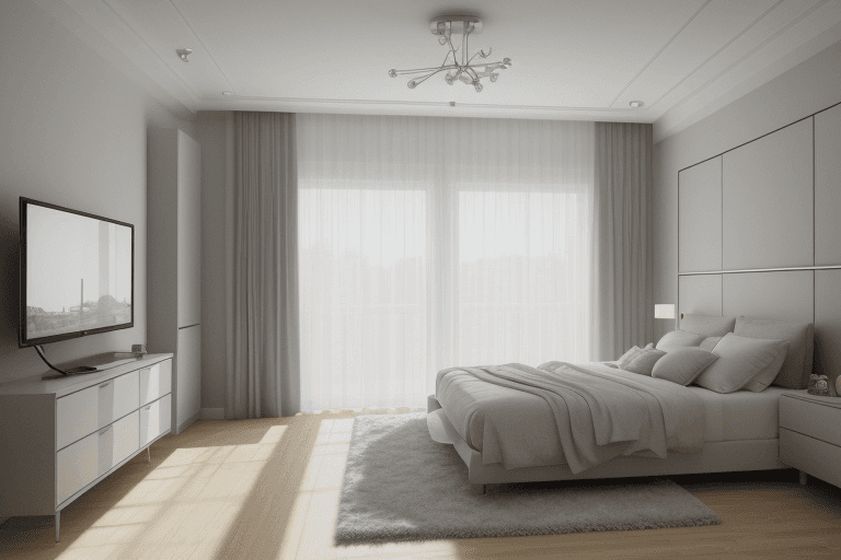 AI generated: interior design, modern bedroom, bedroom, modern, window, wide angle, wideangle, photo, photorealist...