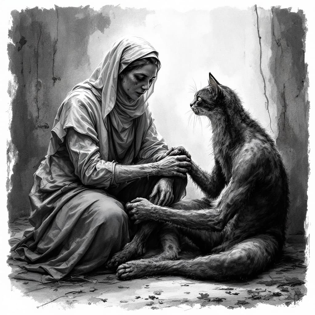 AI generated: A leper being aided by a cat-nurse.