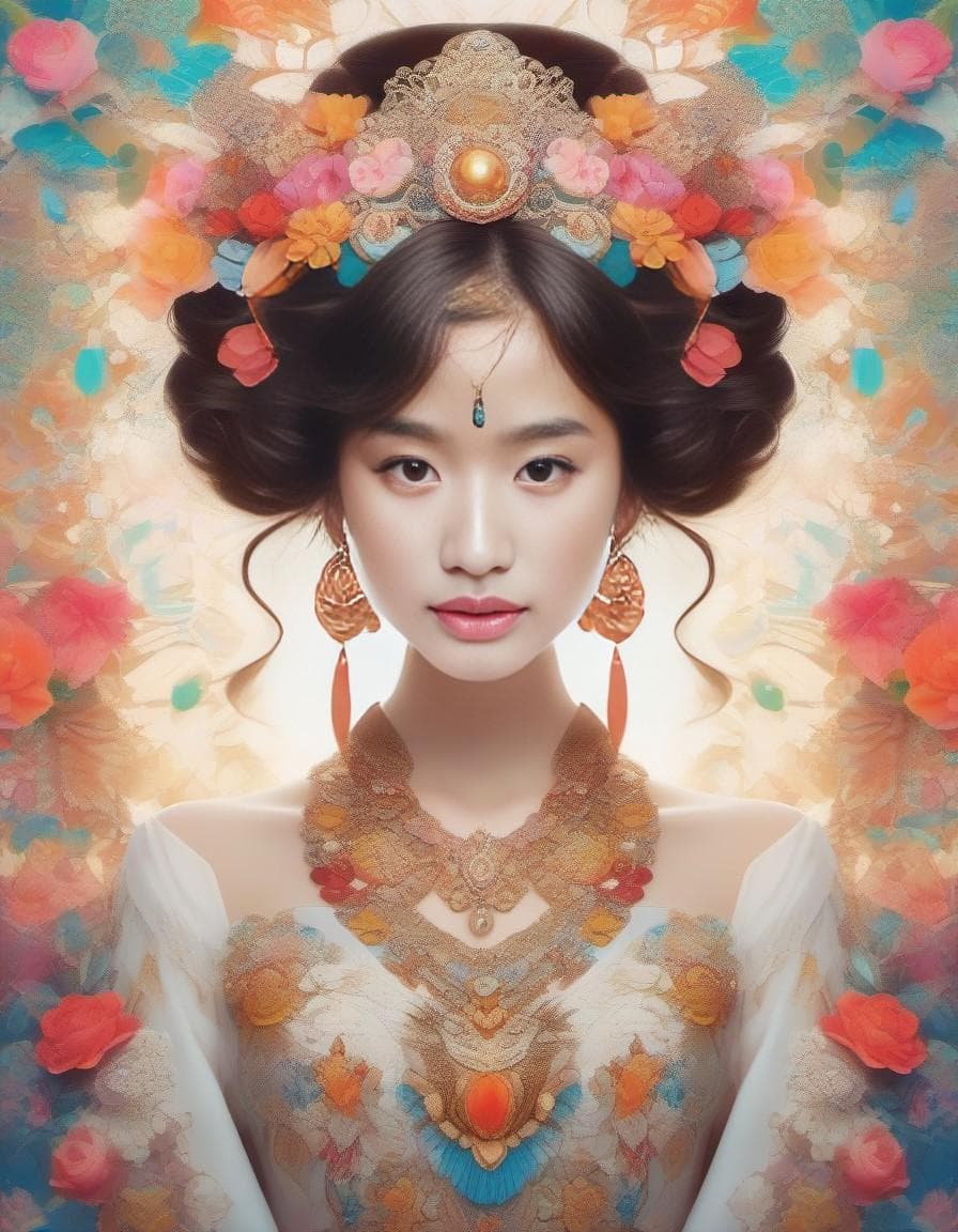 AI generated: A whimsical and detailed artwork of an adorable fairy with big eyes, dressed in vibrant attire adorn...