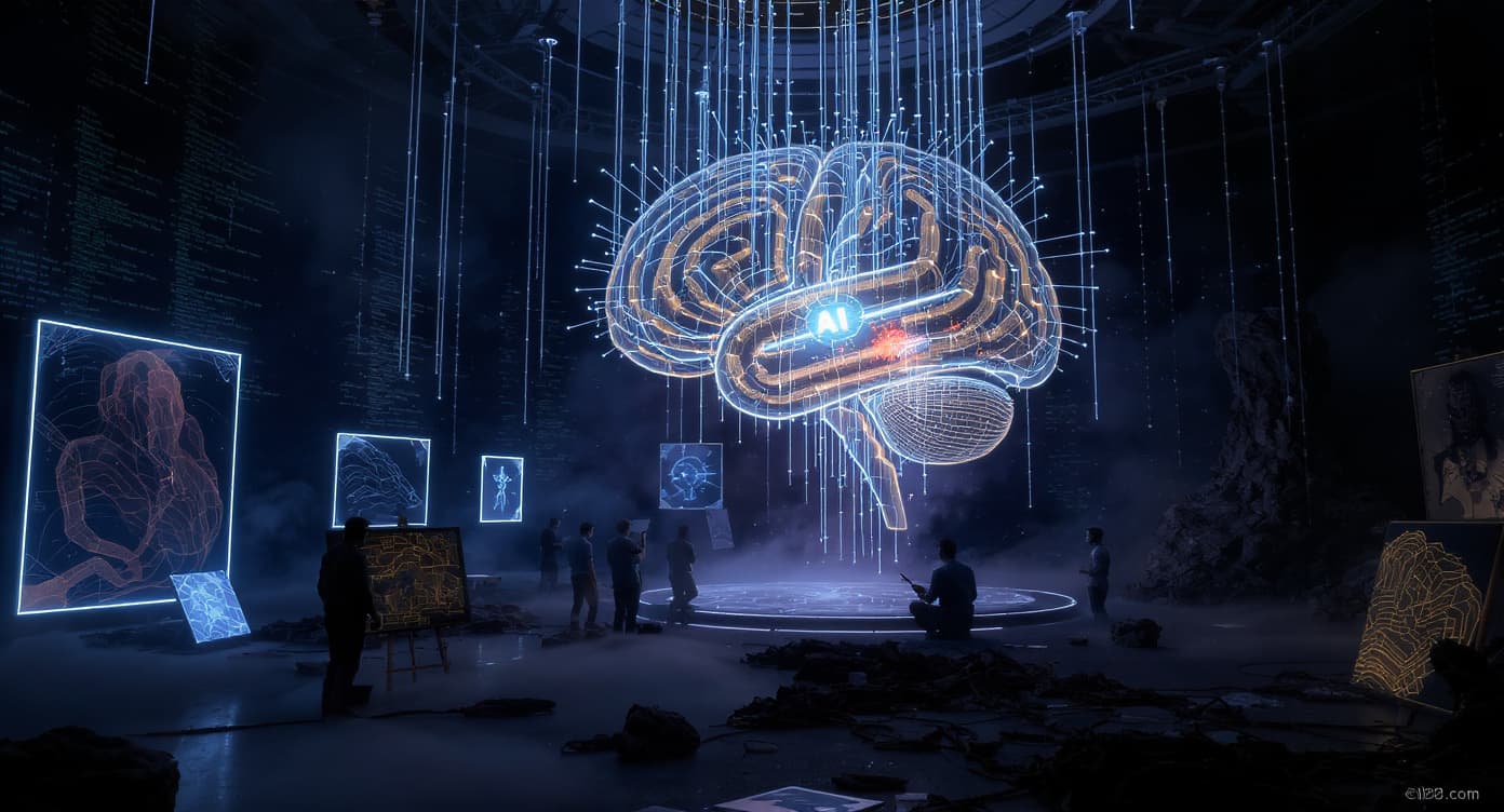 AI generated: A group of artists in a dark futuristic studio, surrounded by glowing digital art frames and hologra...