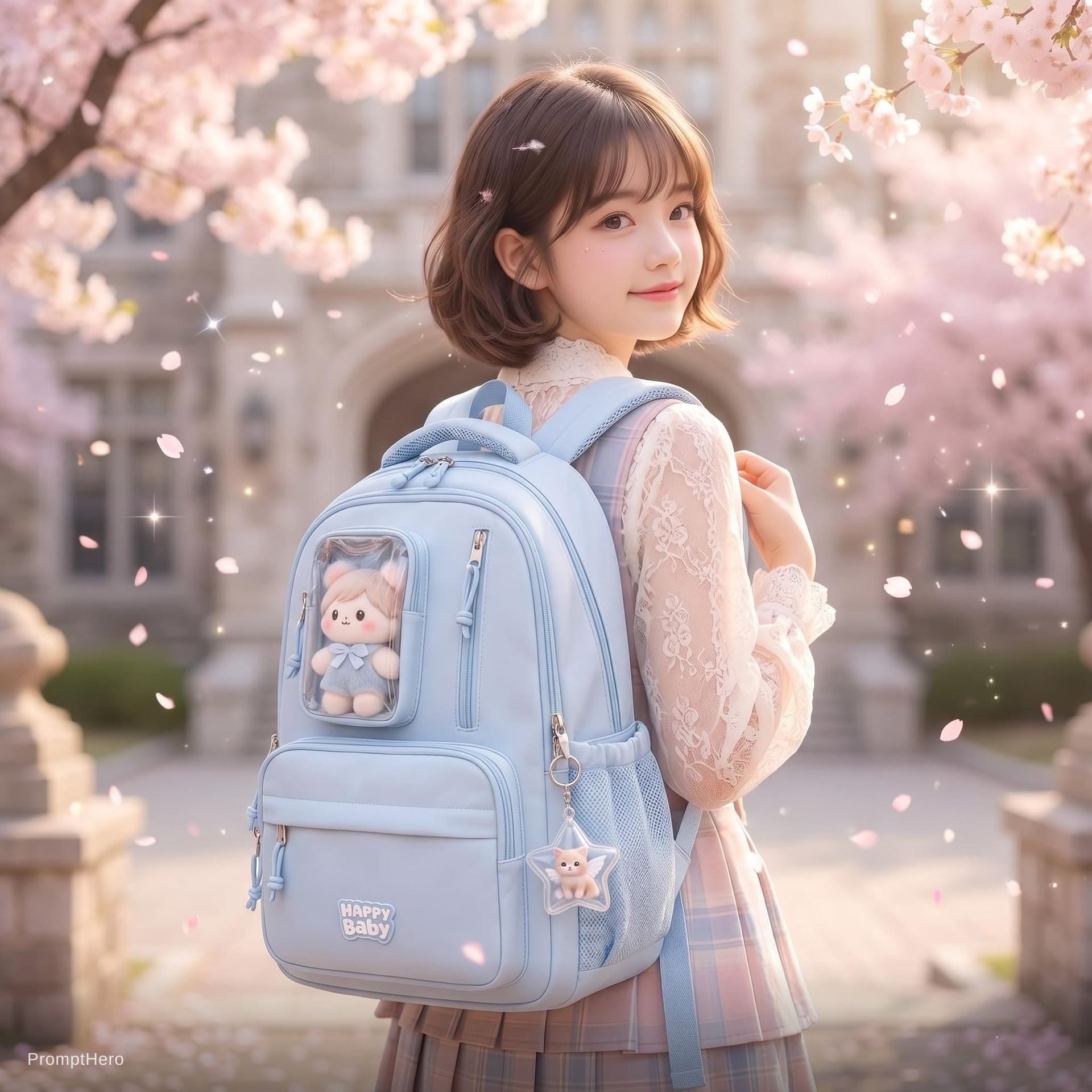 AI generated: Ultra-cute Korean and Chinese aesthetic journal photoshoot of a school backpack worn by a stylish te...