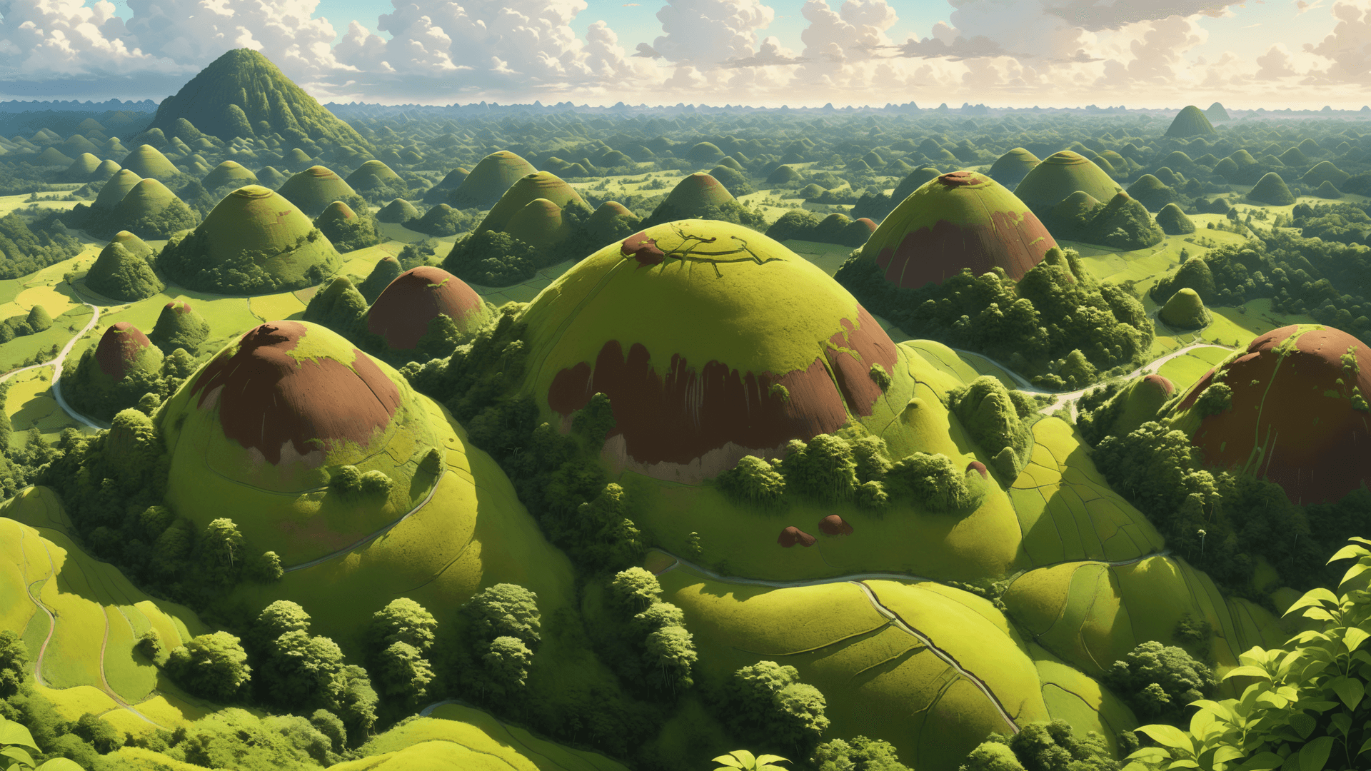AI generated: anime key visual, landscape of a (The Chocolate Hills:1.1) , lush flora, Sunny, (by Hideyuki Kikuchi...