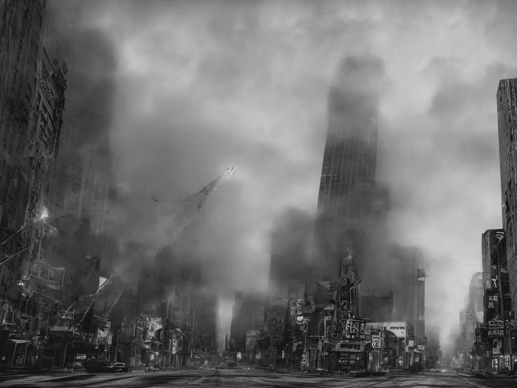 AI generated: city street view with an tall antenna tower in the middle with smoke and fog , Street view, Portait,...