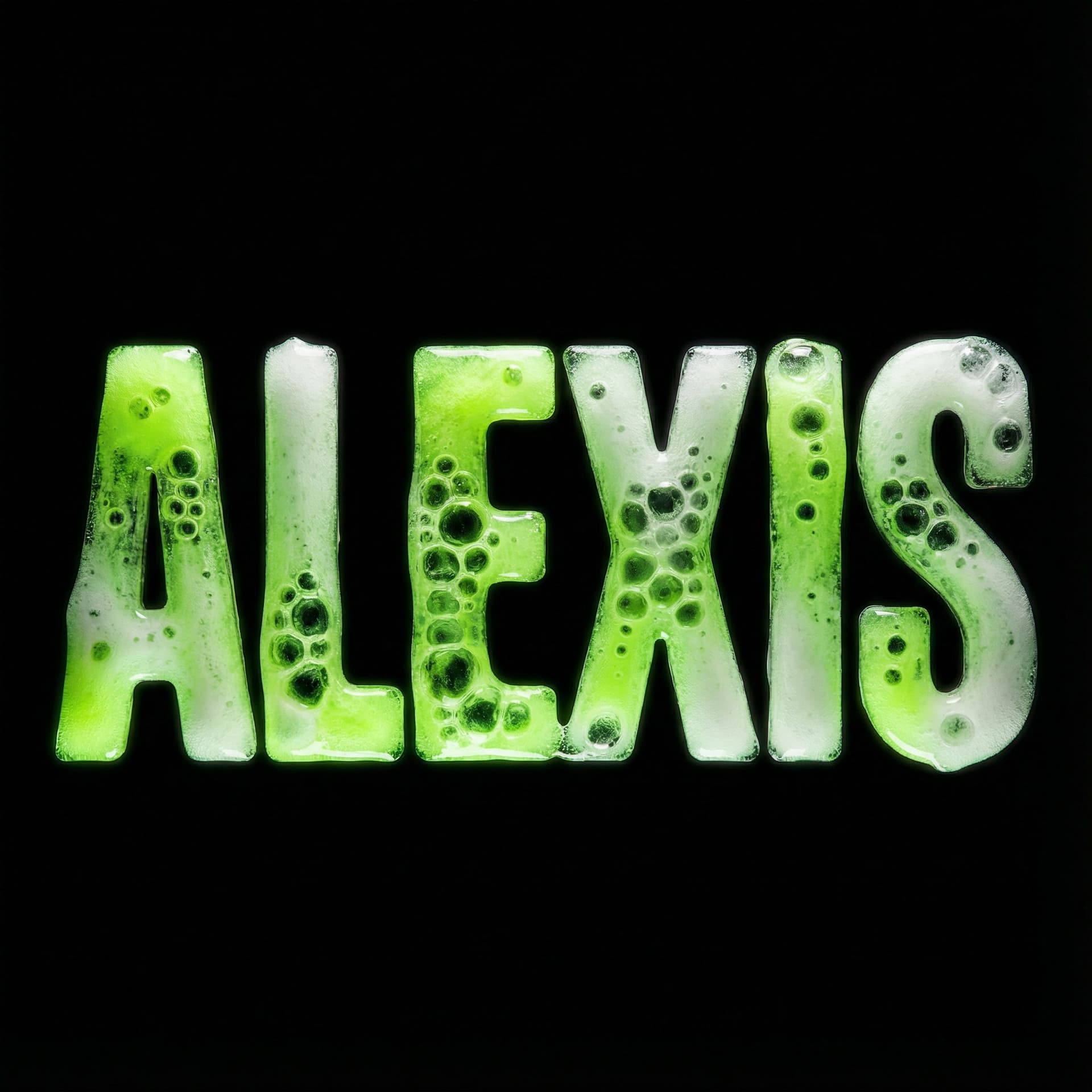 AI generated: Macro typographic text made of fluorescent green liquid with bubbles, forming the word “ALEXIS”.
The...