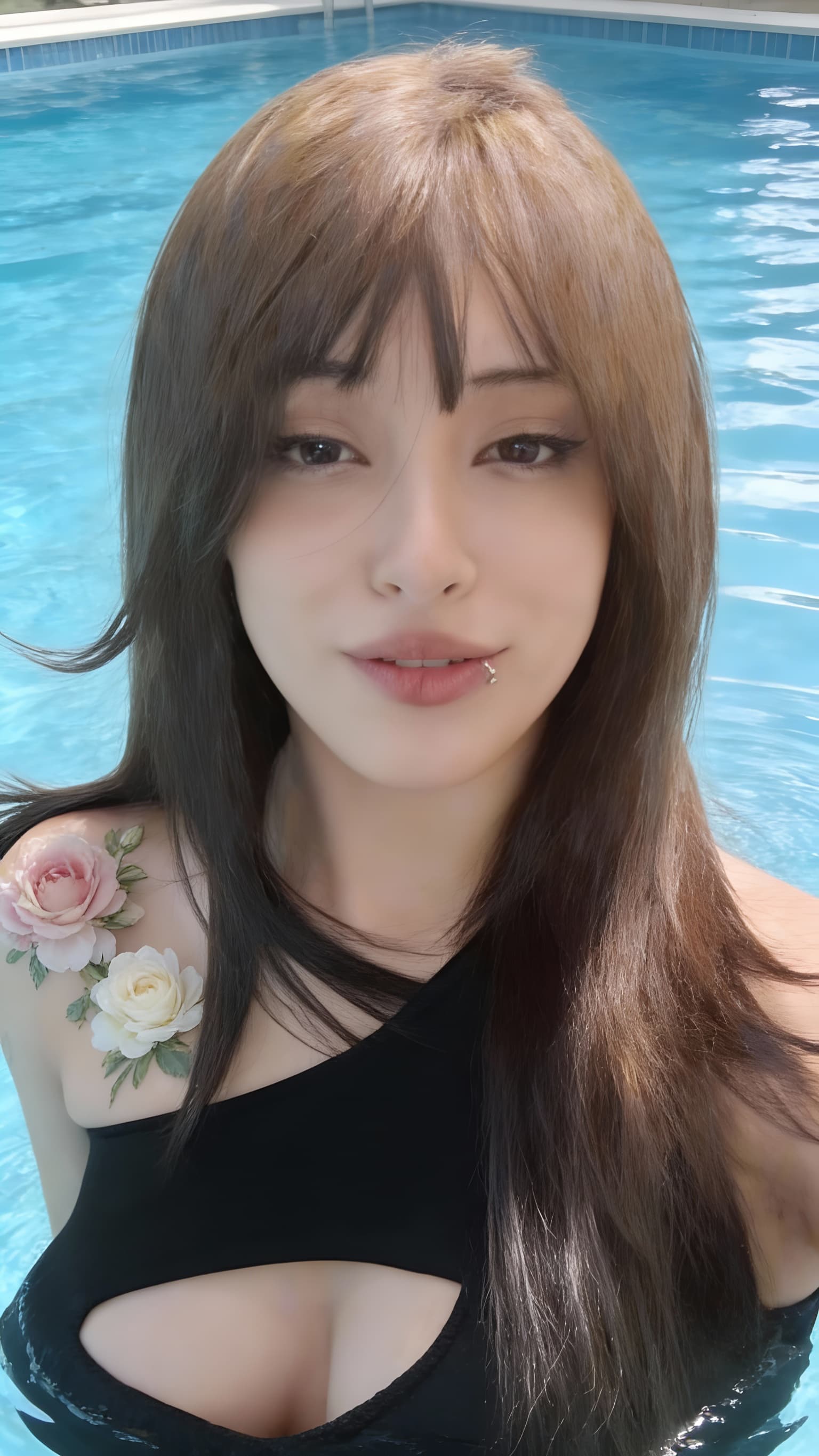 AI generated: quitale esos tatuajes ponle unas flores esteticas en el hombro izquierdo y ponle cabello castaño cla...