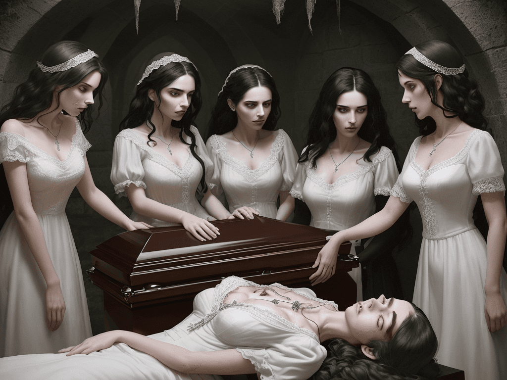 AI generated: The image depicts a haunting scene of four women in a crypt, with one lying in a coffin and the othe...