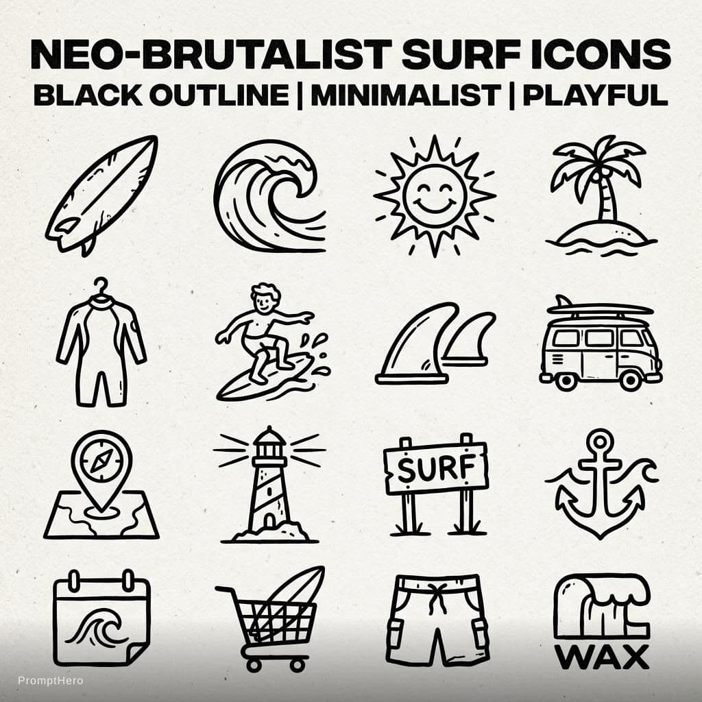 AI generated: black outline minimalist yet playful surf-themed icon pack for in a neo-brutalist website design