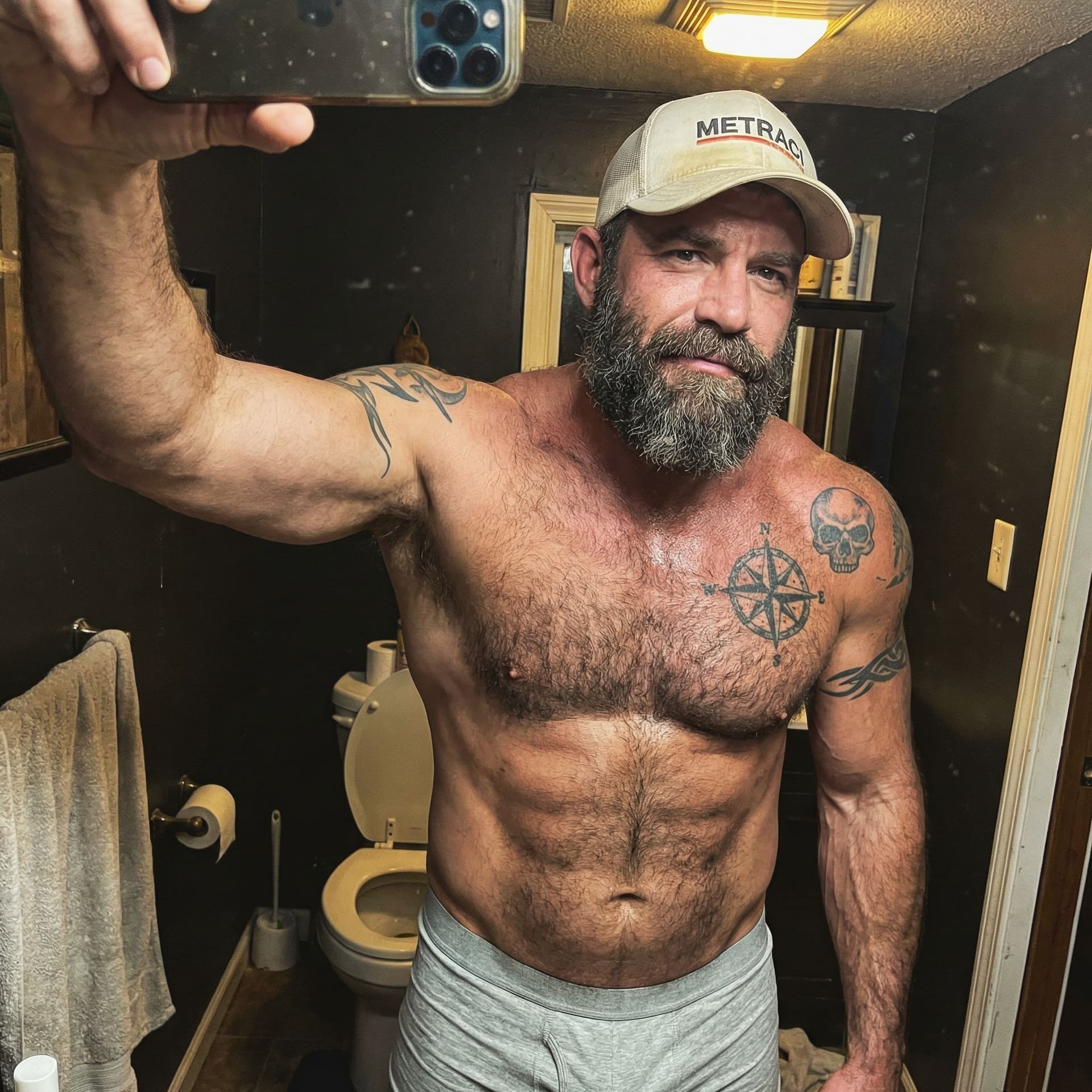 AI generated: Raw candid unposed bathroom selfie of a rugged 35-40-year-old white man, thick muscular bearish/powe...