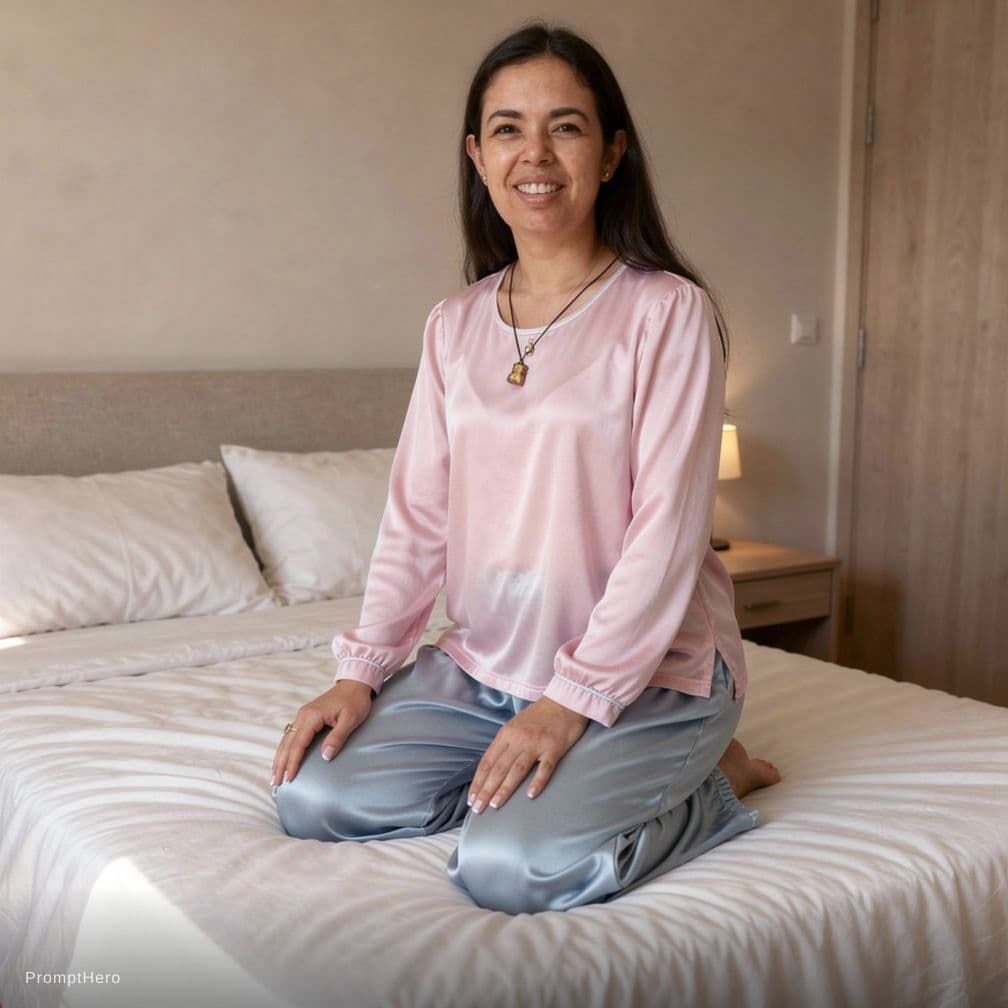 AI generated: create an image of An adult woman, kneeling on the bed, wearing triangle-bikini



