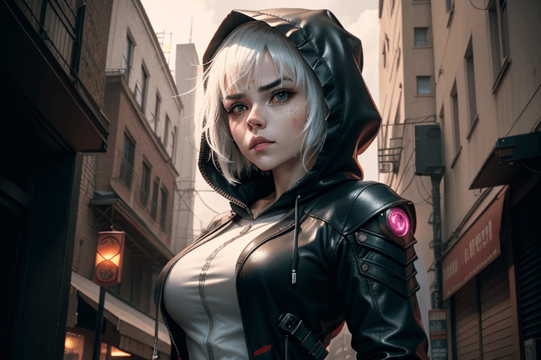 AI generated: (beautiful female assassin), ((beautiful face, symmetrically correct face)), (short white hair), sci...