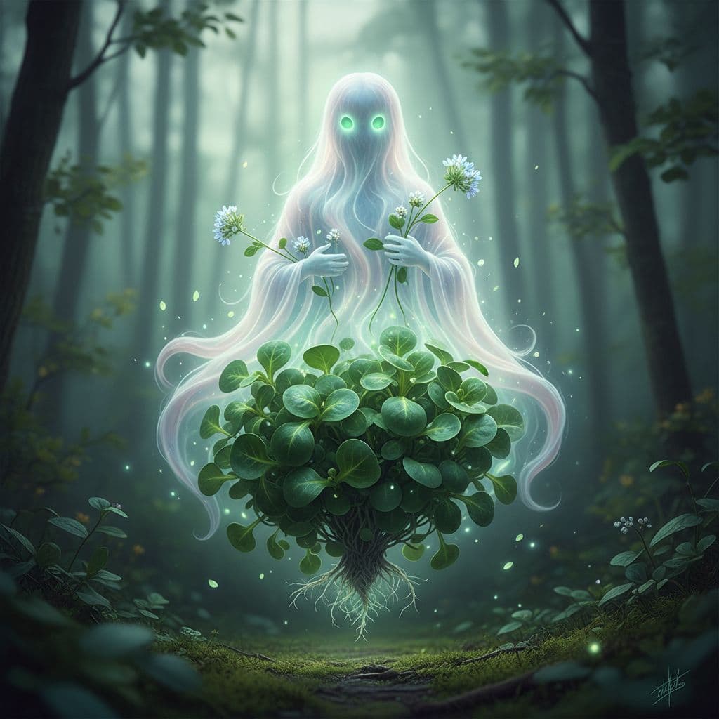 AI generated: make a creature that is half ghost half Valerianella locusta