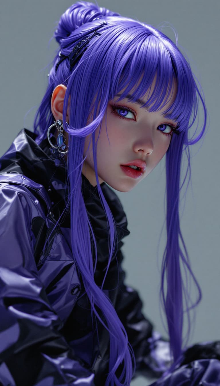 AI generated: A Korean idol, full body, hyper detailed deep violet hair, fashion model, avant-garde attire, draw b...