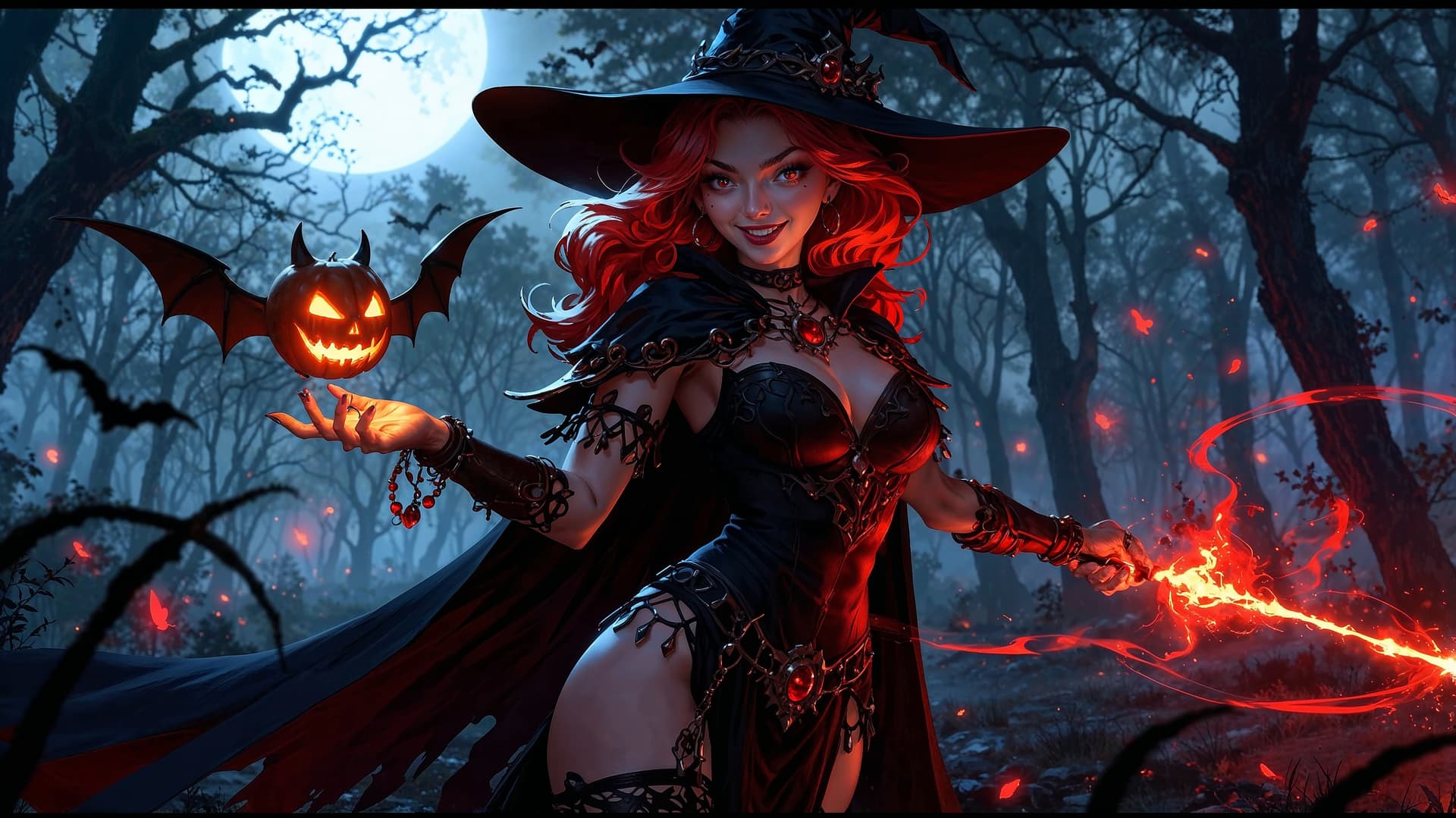 AI generated: Image is a digital fantasy artwork featuring a witch with striking features. The subject is a woman ...