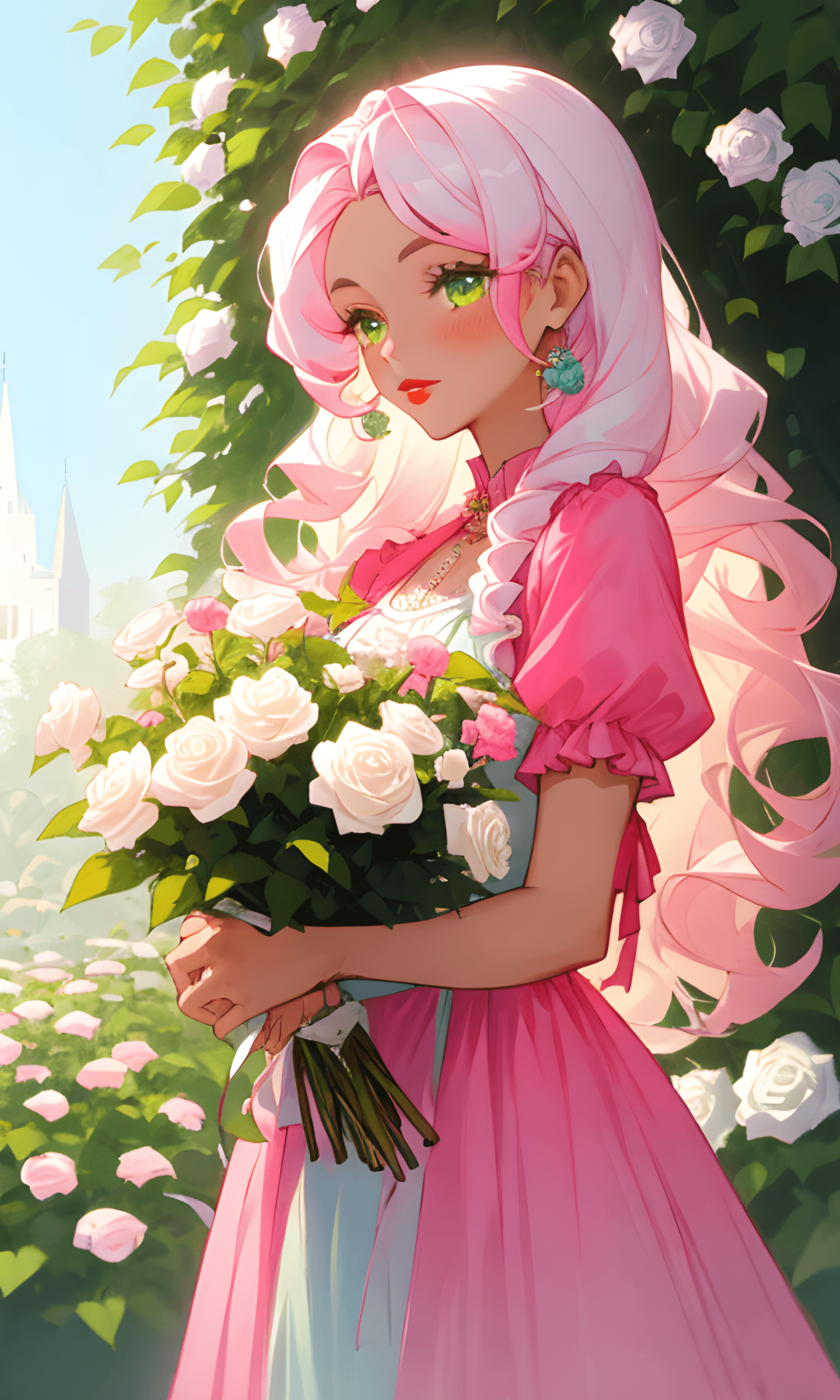 AI generated: girl with long hair with rizps and brown with curly fringe holding a bouquet of pink and white roses...