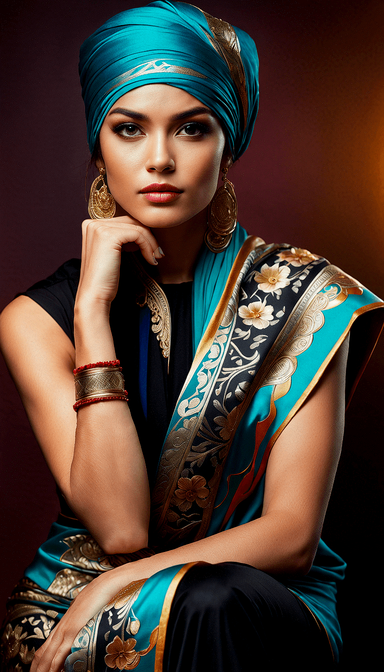 AI generated: The image features a woman wearing an tosca scarf, which is wrapped around her head. She is sitting ...