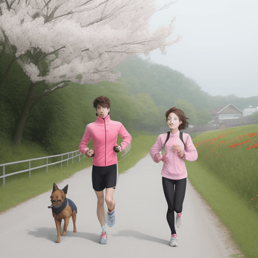 AI generated: Cute boy with a  cute girl and dog flower road runing morning