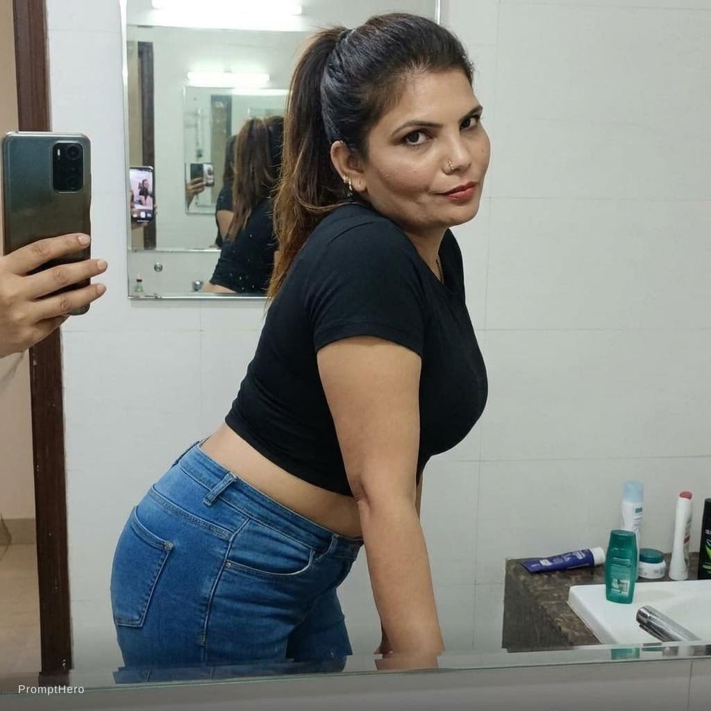 AI generated: Make her wear a compression cropped black top and fit jeans, ponytail hairstyle, taking a mirrror ba...