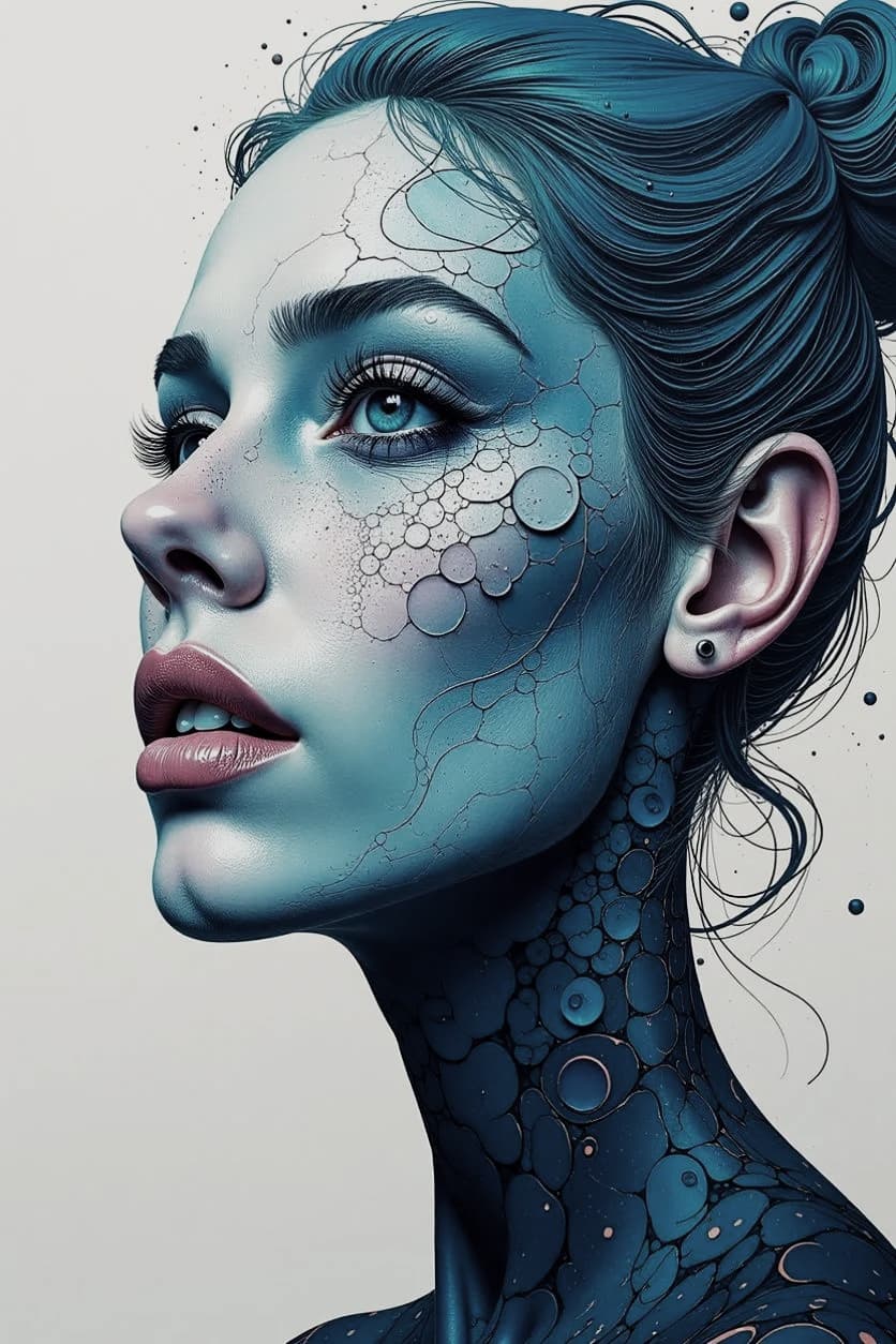 AI generated: Creat a collage of a woman's face in the style of JOsef kote gunge beatury dain yoon,  cyan and blue...