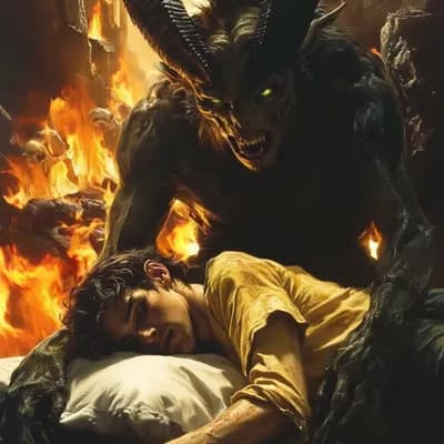 AI generated video: A man is asleep as a demon walks up behind him and attempts to take him aaway