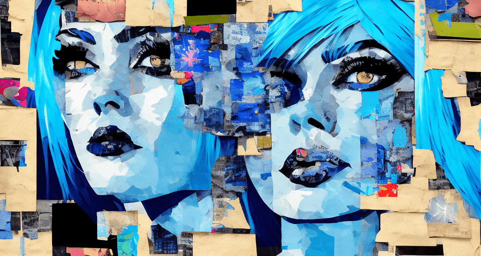 AI generated: woman with blue hair, in the style of multi-layered collages, edgy street art, celebrity-portraits, ...