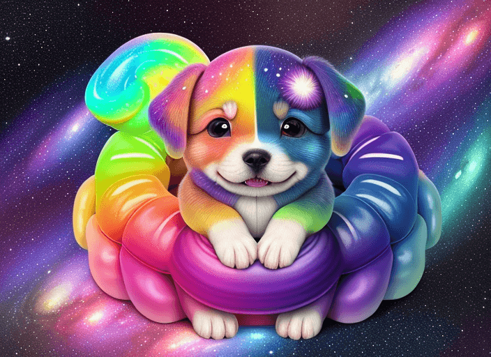 AI generated: communal galaxy of realistic pascal colorful roll up sour sweet mascot. It has two puppy eyes and a ...