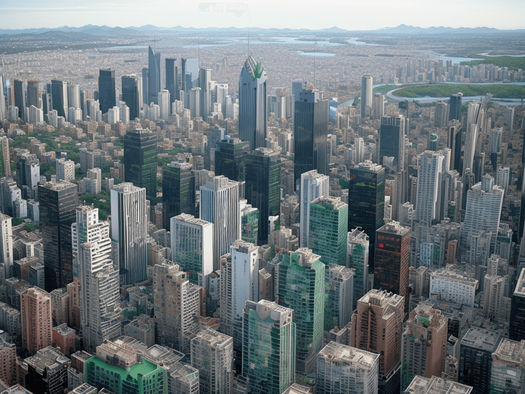 AI generated: city seen from above populated by many yoshi