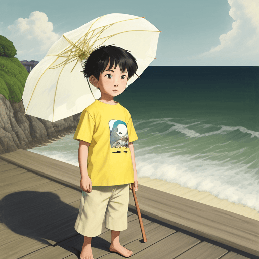 AI generated: Miyazaki's little boy in the style of painting, standing by the sea, wearing a yellow and white-trim...