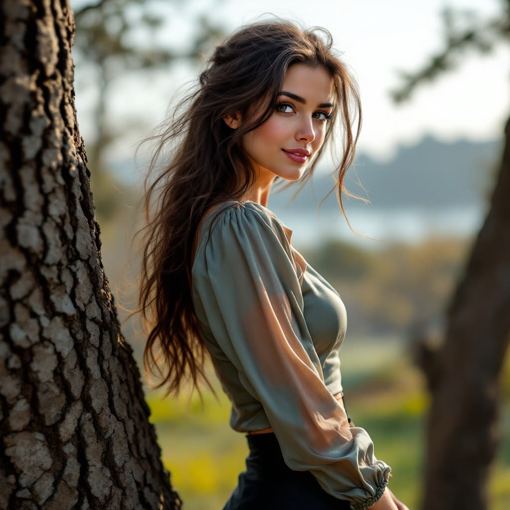 AI generated: HDR photo of woman, from the side, long tousled brunette hair, wearing a highly detailed long sleeve...