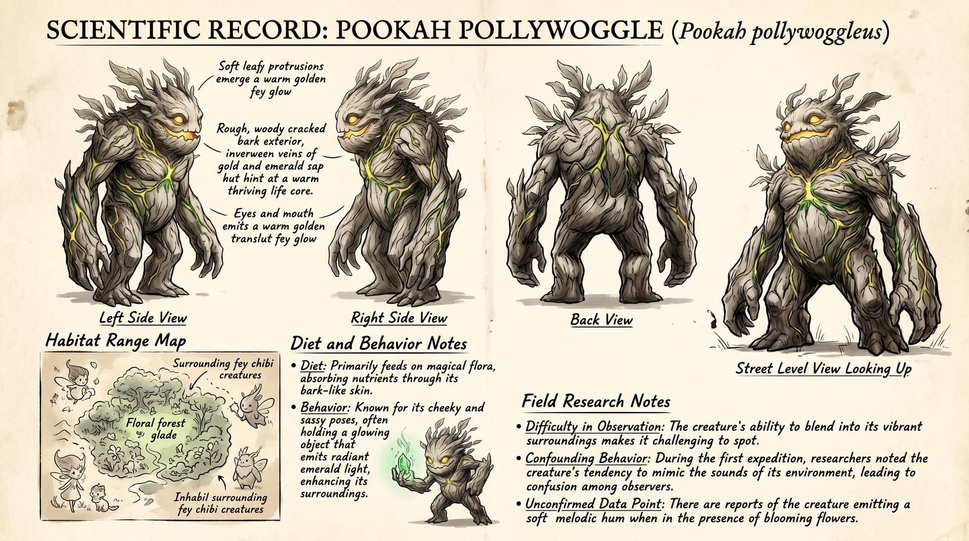 AI generated: A scientific record featuring a large, ancient gnarled Pookah Pollywoggle creature, illustrated in p...