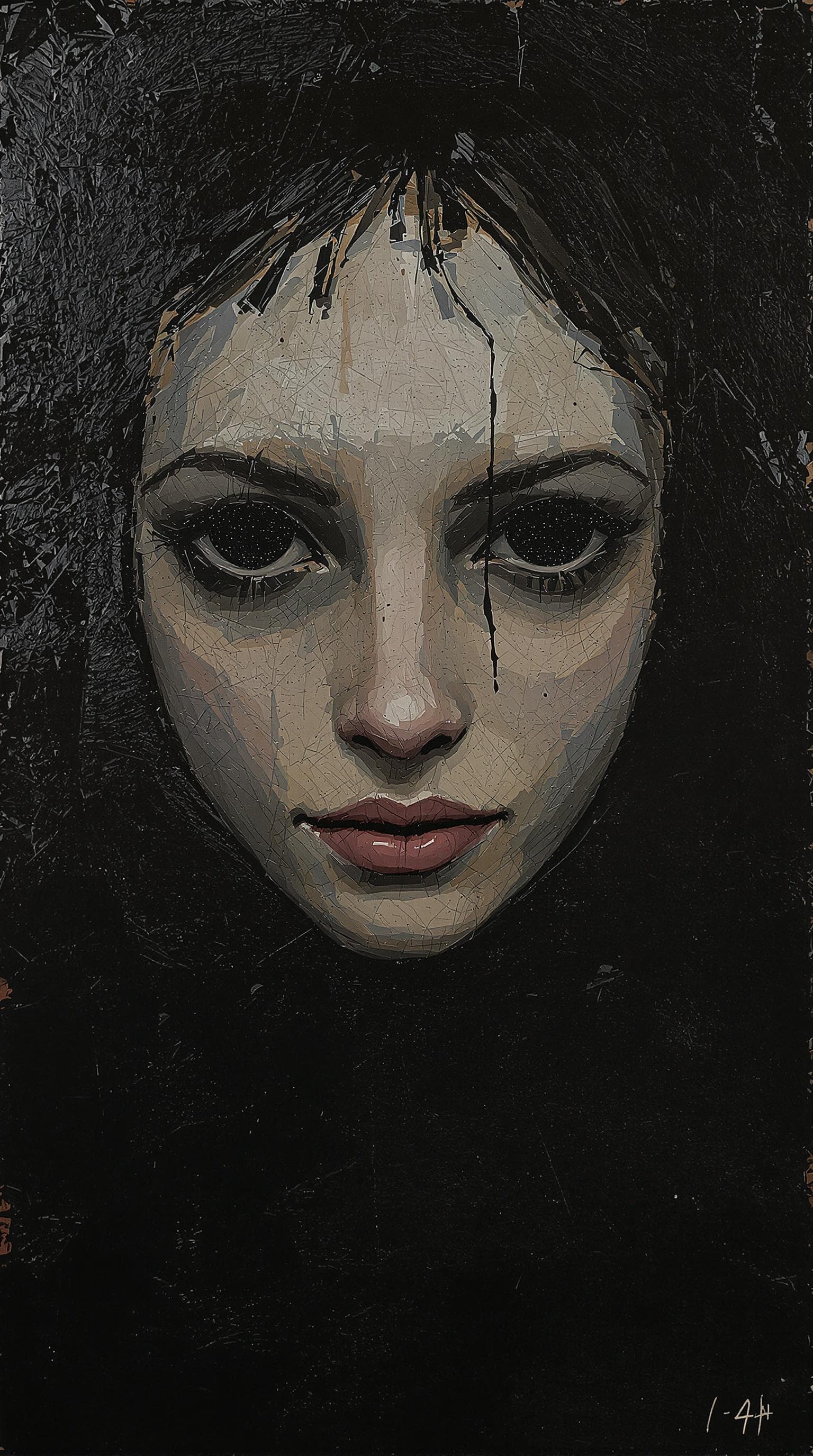 AI generated: artistic, oil painting, face, portrait of girl, empty eyes, grainy touch, minimalist avant-garde, ri...