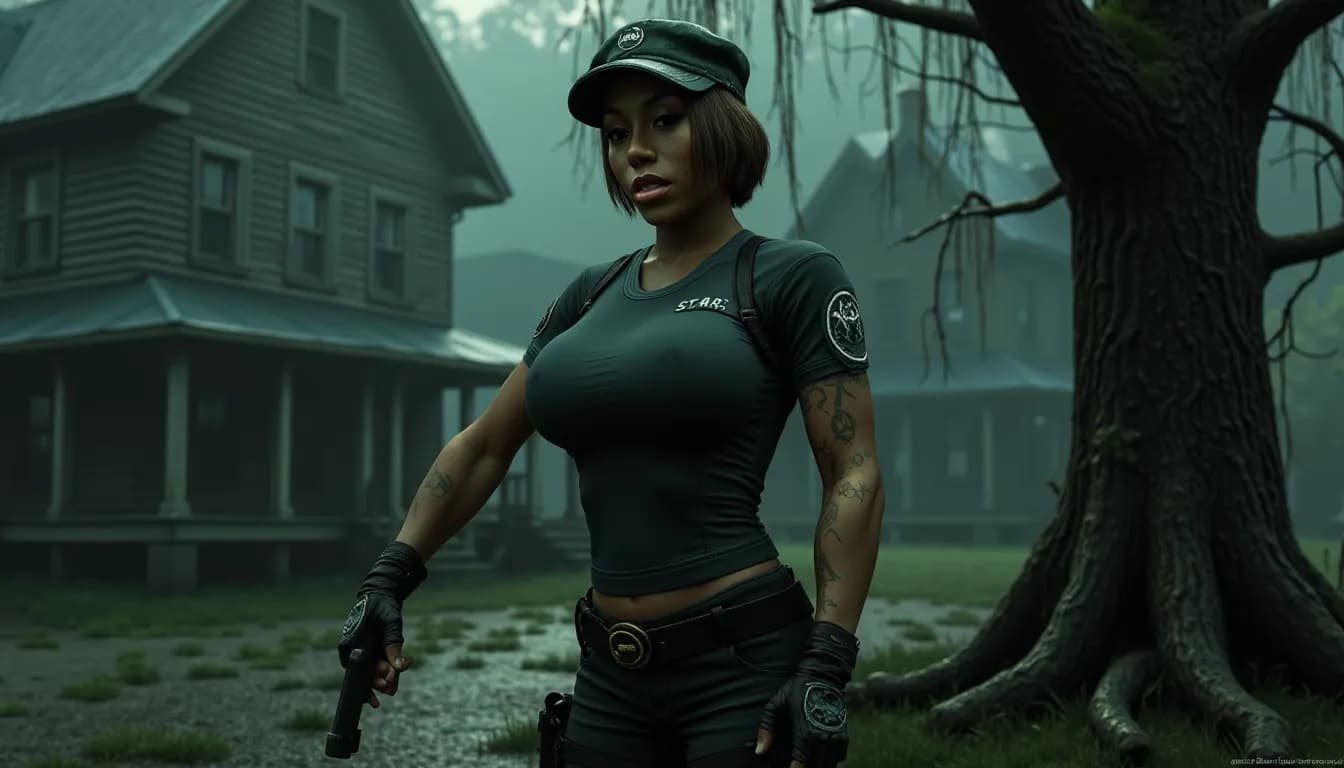 AI generated: Create a vibrant hyperrealistic 3D render RPG scene inspired by Resident Evil. Jill Valentine in tac...