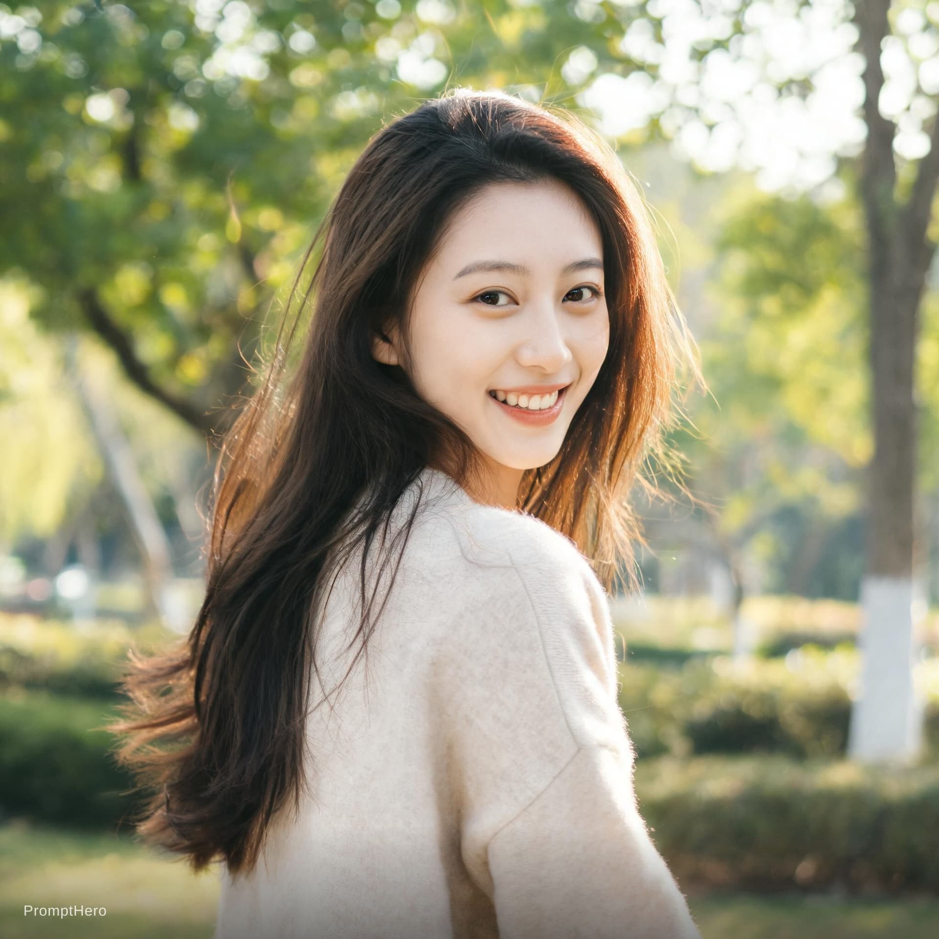 AI generated: Woman turns around and smiles