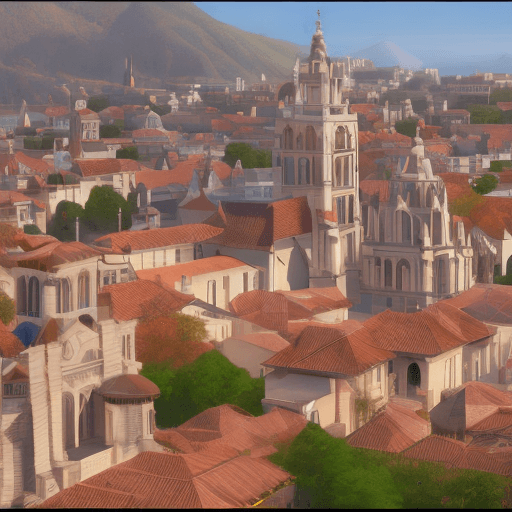 AI generated: a person is walking down a street with stairs and a church with a yellow roof, in the style of exoti...