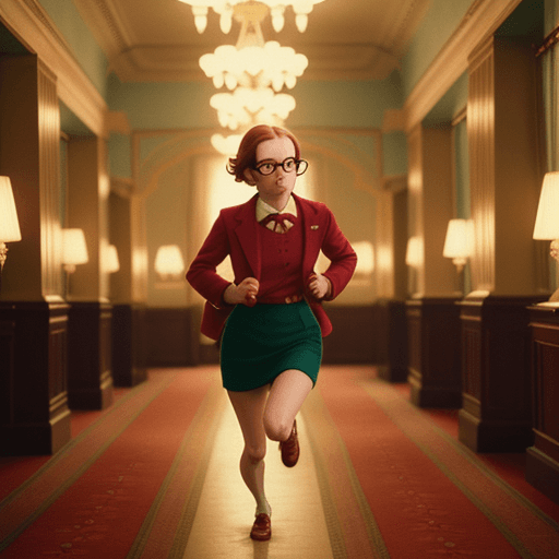AI generated: wes anderson photography style of a beautiful woman with glasses running away looking at the camera,...