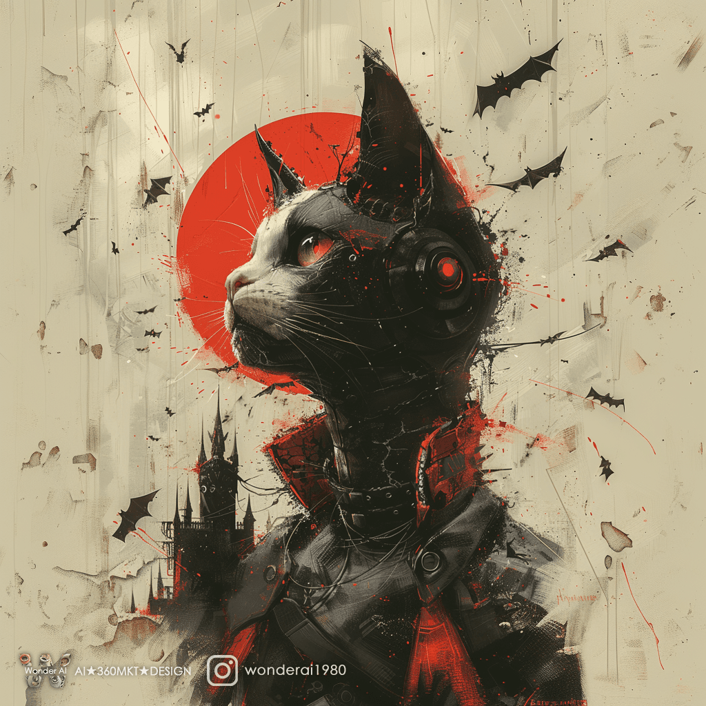 AI generated: Close up portrait, Cybernetic Anthropomorphic Cat Vampire, jagged castle and bats growing out of his...