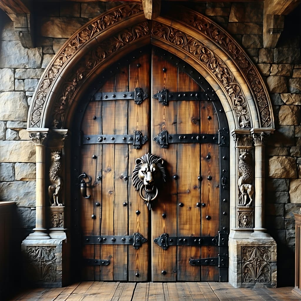 AI generated: A massive, ancient wooden door from a medieval Gothic castle, reinforced with black wrought iron ban...