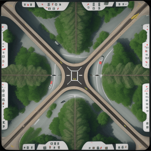 AI generated: Realistic atrial photo of a complicated cover leaf road intersection