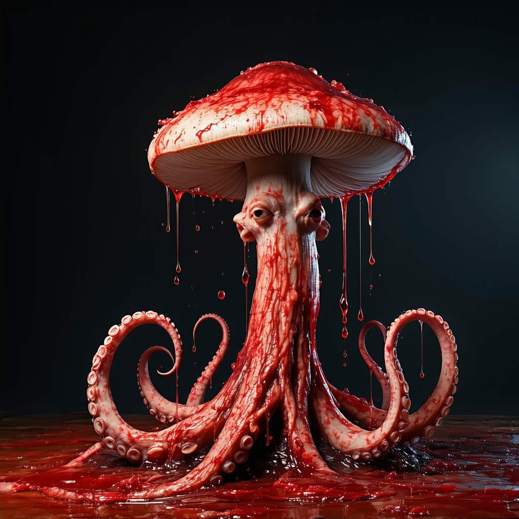 AI generated: Man’s erect penis with massive mushroom head glans that rupture from the force of a large tentacle r...