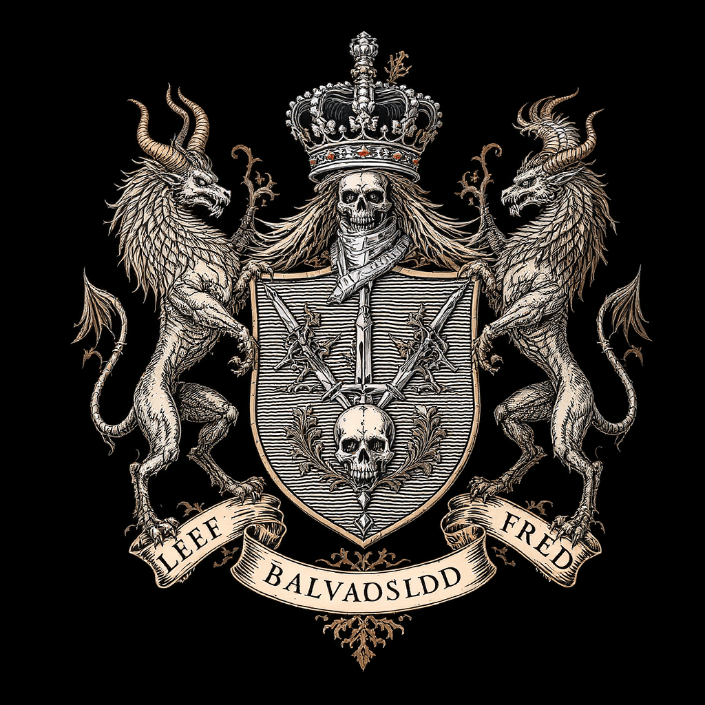 AI generated: Coat of arms with demons, skulls, and crown in the style of an old coat of arms with very detailed e...