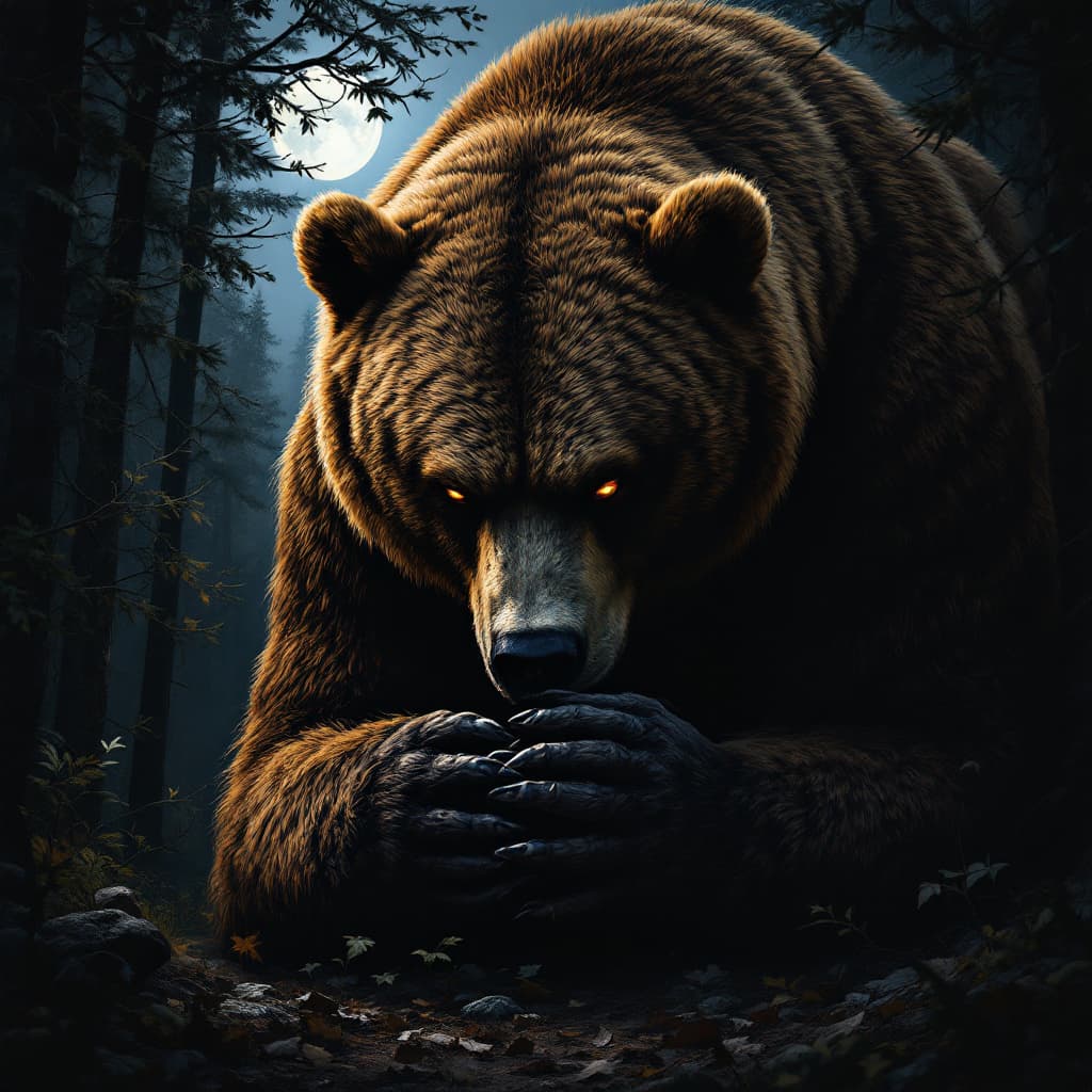 AI generated: a breathtakingly detailed, ultra-realistic illustration of a massive 7-foot grizzly bear in a mid-cl...