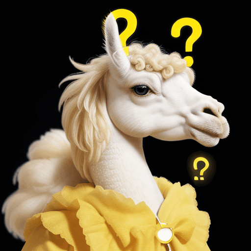 AI generated: a wise llama with a yellow question mark icon floating above his head with lots of other objects  fl...