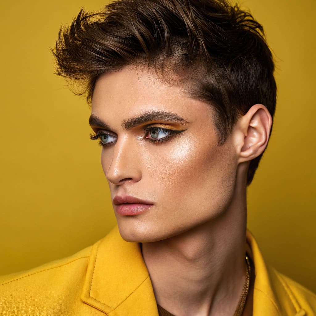 AI generated: His gaze is sharp and mysterious, accentuated by subtle yet impactful makeup. The lighting is bright...