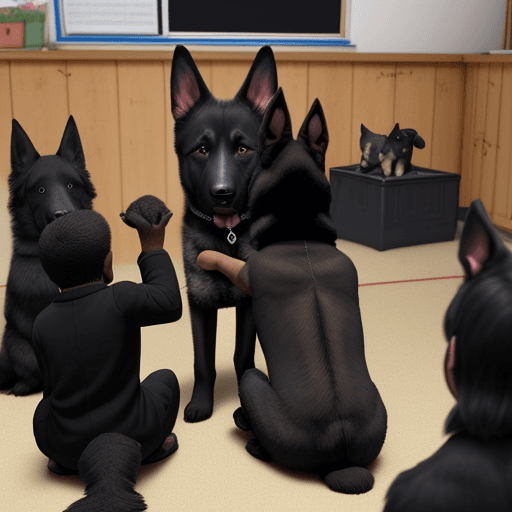 AI generated: A black German shepherd is giving a lecture to other small black German shepherd puppies on how to b...