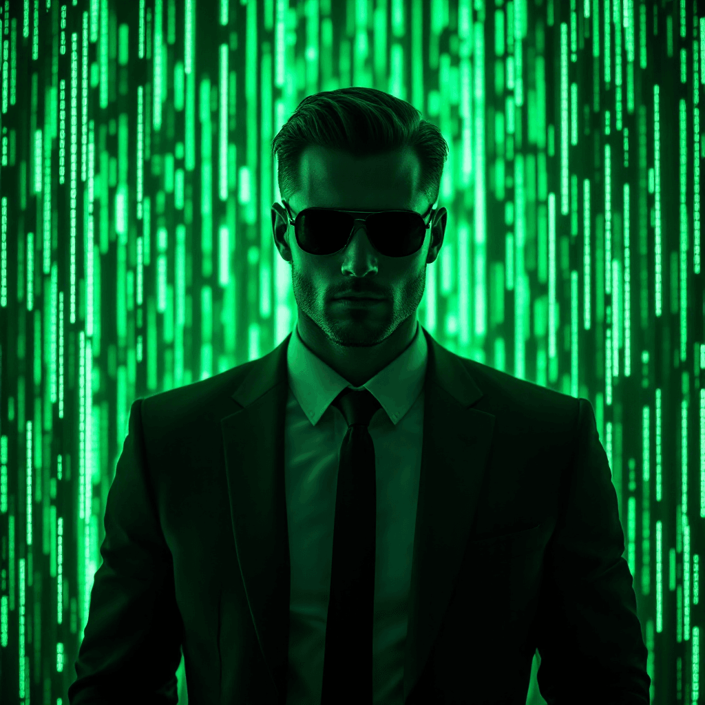 AI generated: The background is a mesmerizing, glowing matrix grid in a vibrant light green hue, with cascading st...