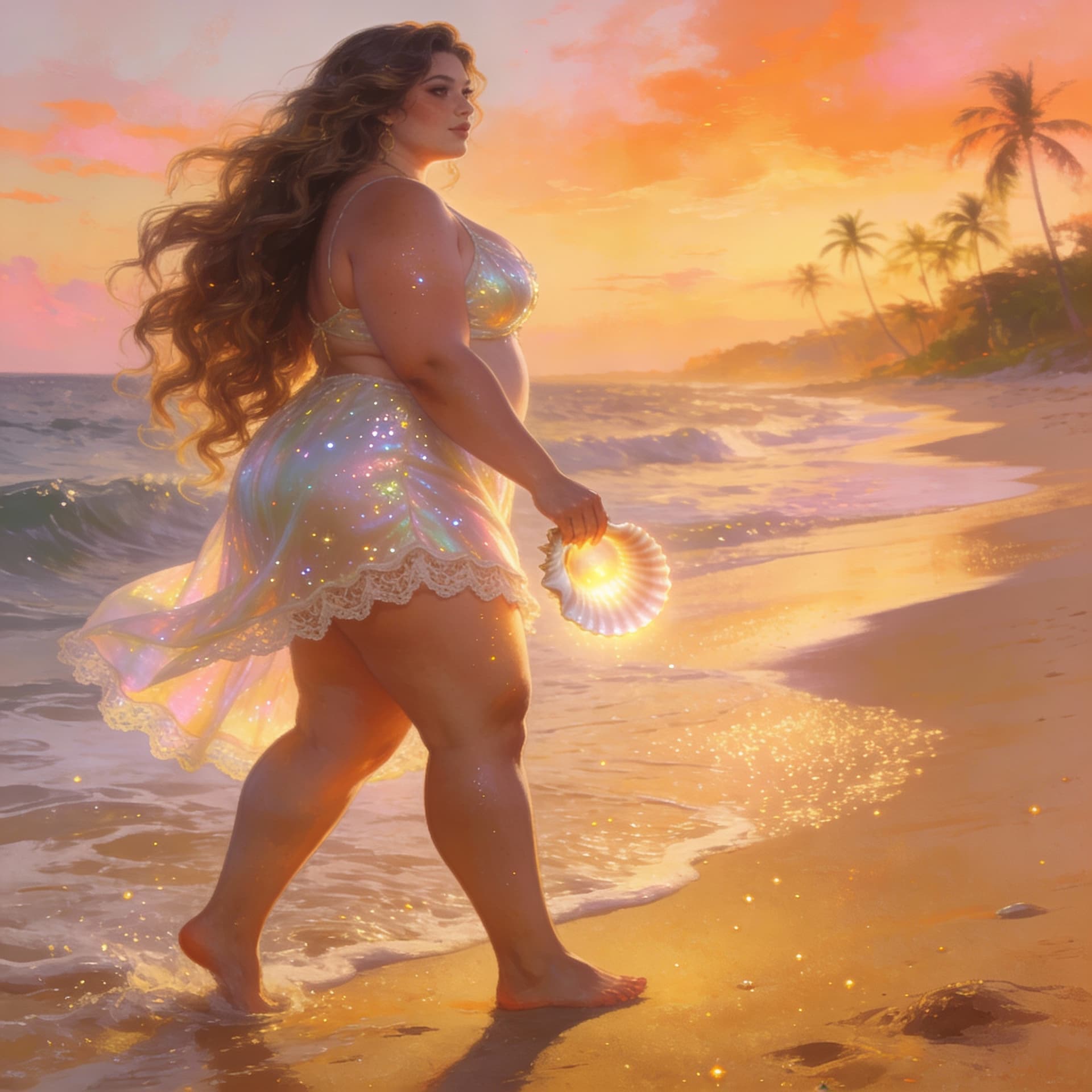 AI generated: create a image like bbw godess fantasy in short dress and walk on beach aside