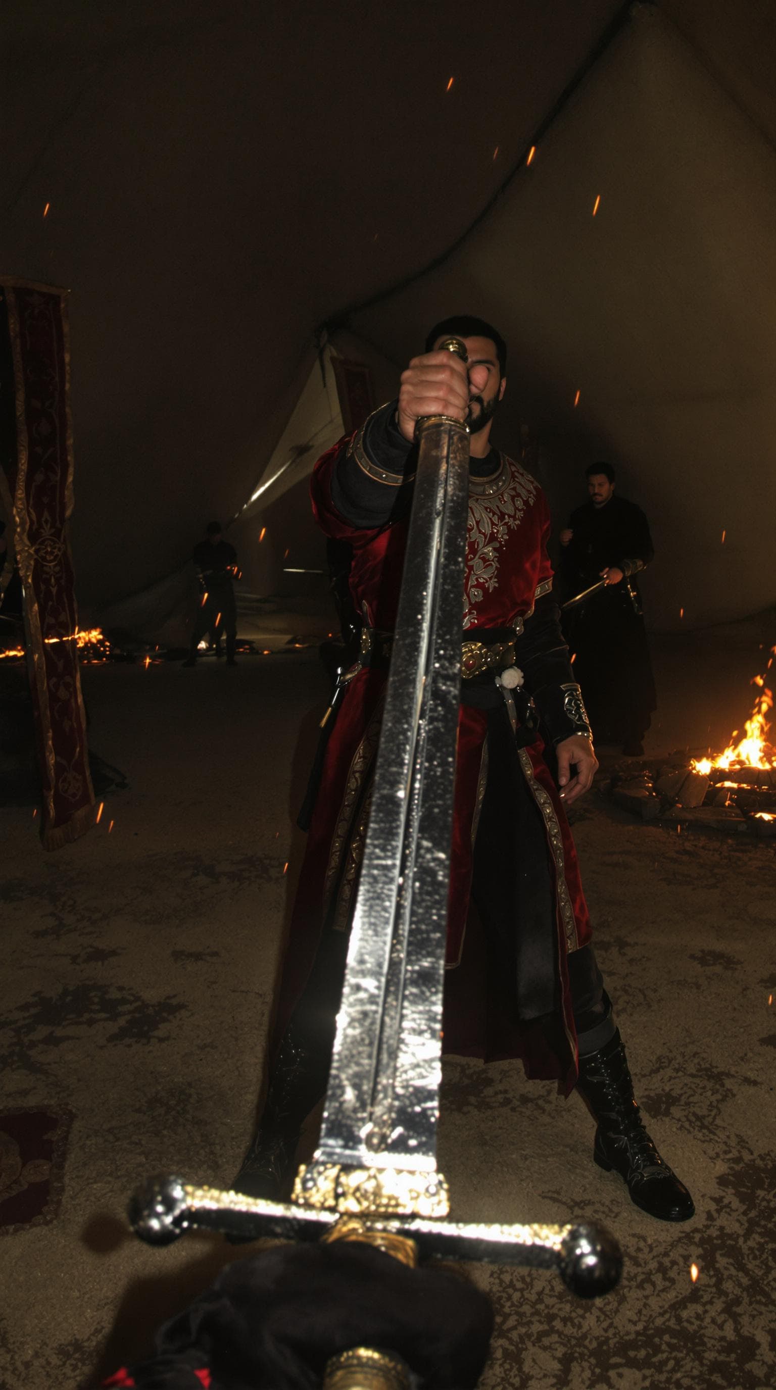AI generated: POV first-person perspective, I stand firm, my sword gripped tightly in my hand, its blade catching ...