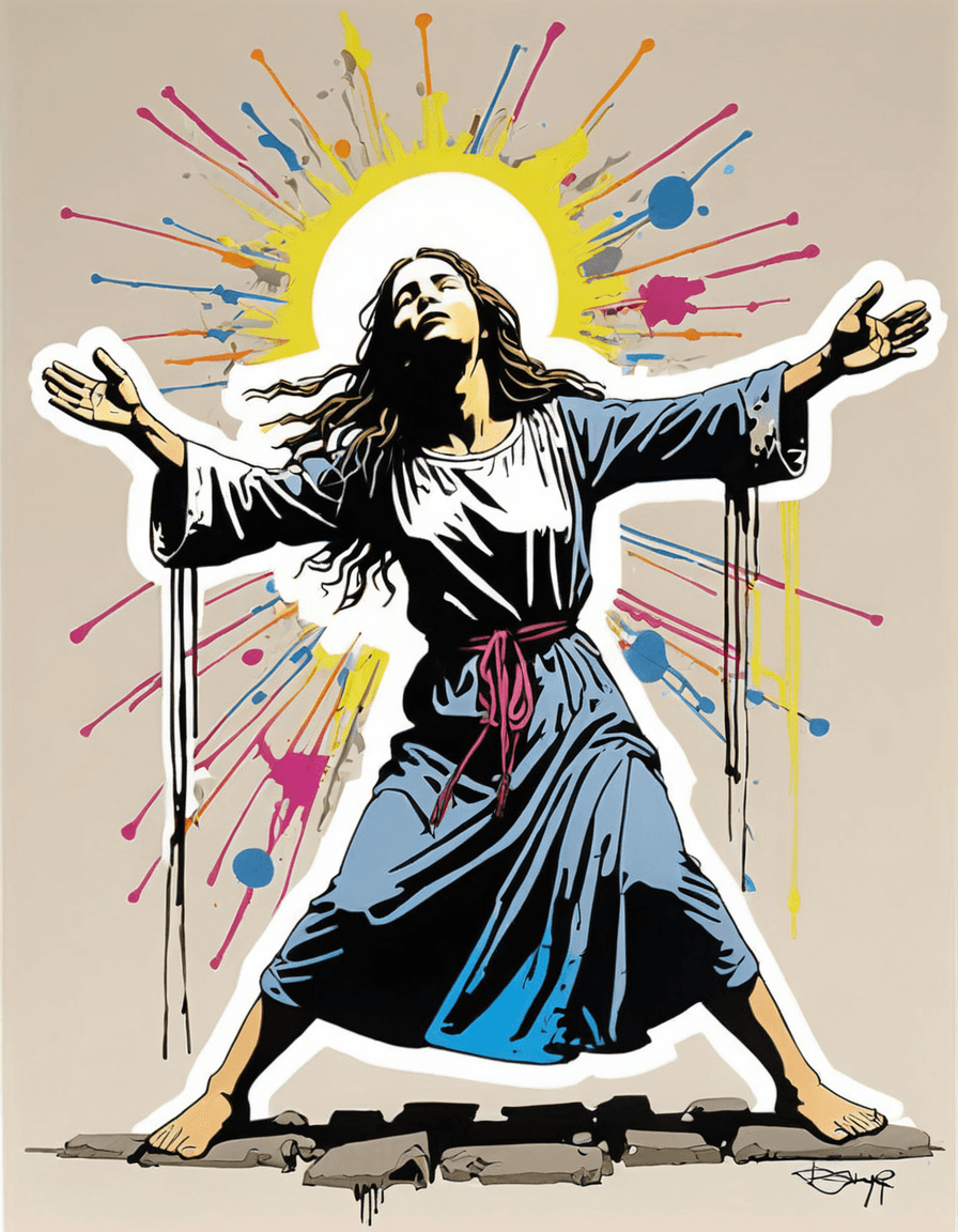 AI generated: high quality screen print graffiti by banksy, female Jesus praying dancing, by Quentin Blake, sap, e...