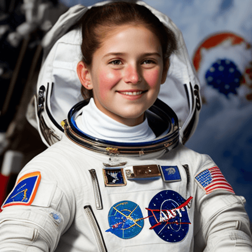 AI generated: A 13-year-old girl of European appearance in an astronaut's uniform.