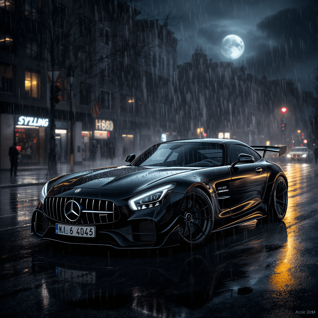 AI generated: A realistic illustration of a Black Mercedes Benz AMG GTR in Berlin, Germany. Noon time and Rainy we...